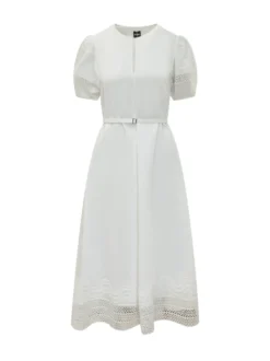 Belted Midi Dress with Embroidery