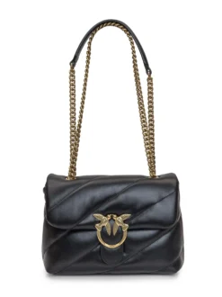 Black leather bag. Metal buckle closure Love Birds Diamond Cut. Partition closed with zip and wall pocket. Shoulder strap with metal chain and nappa shoulder strap. Back pocket.