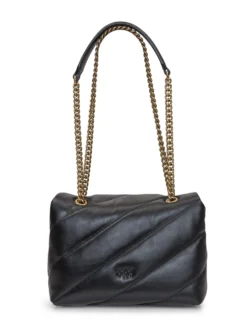 Black leather bag. Metal buckle closure Love Birds Diamond Cut. Partition closed with zip and wall pocket. Shoulder strap with metal chain and nappa shoulder strap. Back pocket.