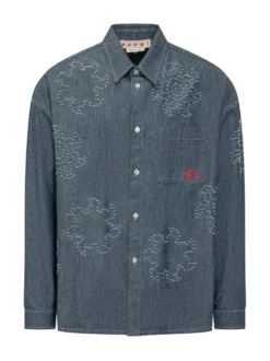 Camicia Denim con Ricami e Tasca Applicata