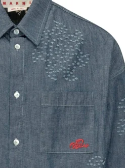Camicia Denim con Ricami e Tasca Applicata