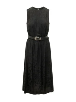 Caserta Sleeveless Dress with Belt and Jacquard Pattern