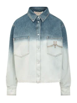 Denim Shirt with Patch Pockets and Faded Effect