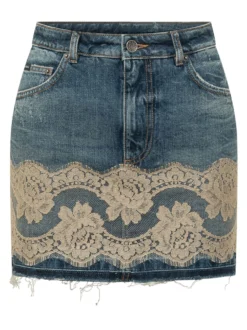 Denim Skirt with Five Pockets and Lace Insert