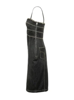 Denim Stone Dress with Straps and Embellishments