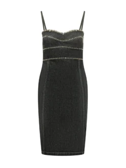Denim Stone Dress with Straps and Embellishments