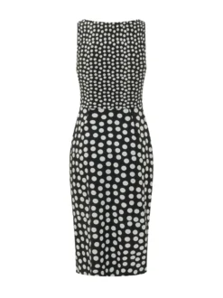 Dress with Round Neck Draped Waist and Polka Dot Pattern