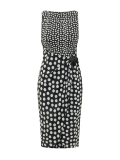 Dress with Round Neck Draped Waist and Polka Dot Pattern