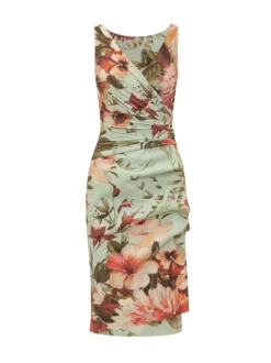 Dress with Round Neck Draped Waist and Floral Pattern