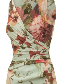 Dress with Round Neck Draped Waist and Floral Pattern