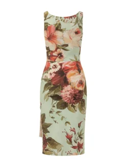 Dress with Round Neck Draped Waist and Floral Pattern