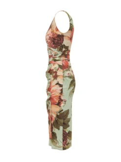 Dress with Round Neck Draped Waist and Floral Pattern
