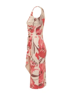 Dress with V-Neck Draped Waist and Floral Pattern