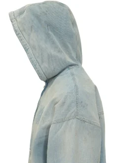 Felpa Denim Zip con Cappuccio e Tasche a Marsupio
