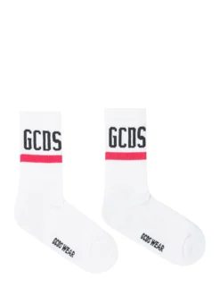 GCDS White Socks with Logo and Red Stripe