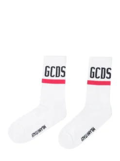 GCDS White Socks with Logo and Red Stripe