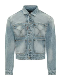 Giacca in Denim con Quattro Tasche e Bottoni