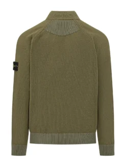 Green Knit Zip Cardigan With High Neck