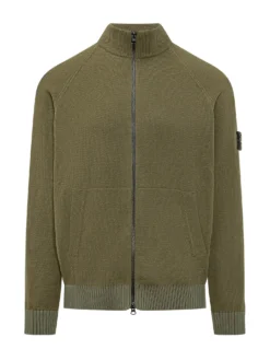 Green Knit Zip Cardigan With High Neck