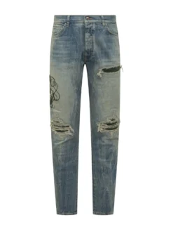Jeans Slim Con Strappi E Ricami