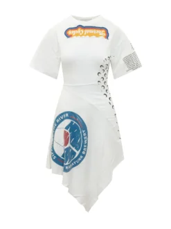 Knee Length Dress with Print and Short Sleeves