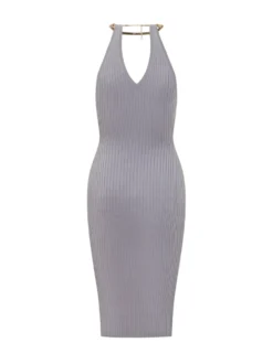Knit Dress with V Neck and Neck Detail