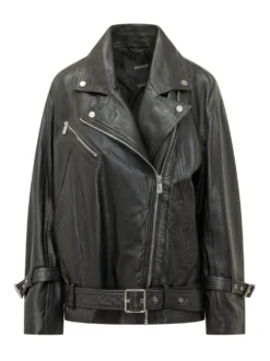 Leather Biker Jacket with Belt