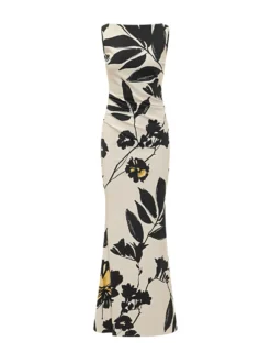 Long Dress with Boat Neck Draped Waist and Floral Pattern
