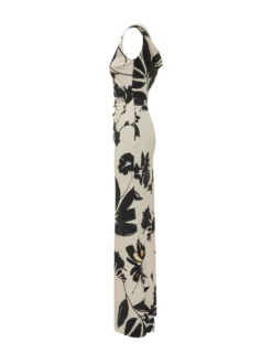 Long Dress with Boat Neck Draped Waist and Floral Pattern