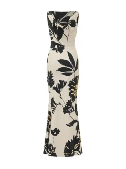 Long Dress with Boat Neck Draped Waist and Floral Pattern