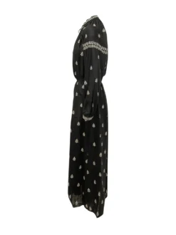 Long Embroidered Dress with Gathered Waist