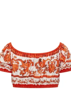 Maiolica Print Cropped Top with Gathered Neckline
