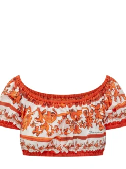 Maiolica Print Cropped Top with Gathered Neckline