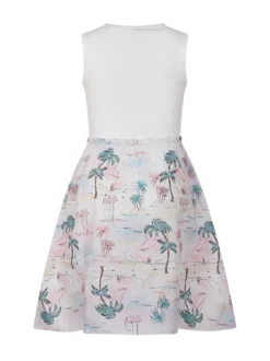 Mixed Fabric Dress with Tropical Print