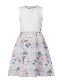 Mixed Fabric Dress with Tropical Print