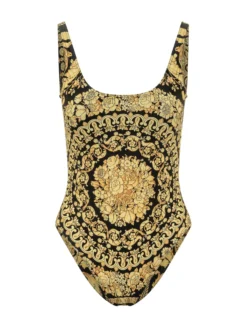 One Piece Swimsuit with Straps and Ornamental Print