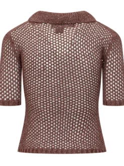 Open Knit Polo Shirt with Collar and V Neck