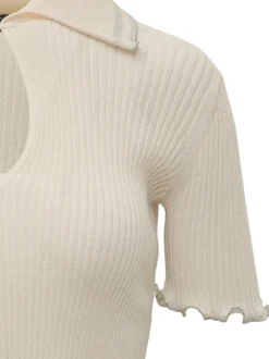 Ribbed Crepe Polo Top with Cut-out