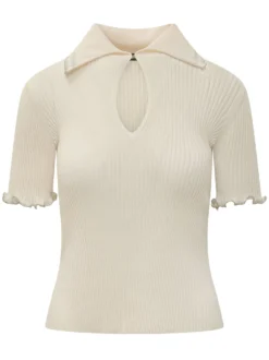 Ribbed Crepe Polo Top with Cut-out
