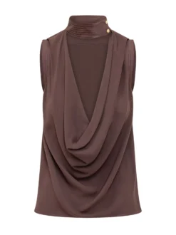 Sleeveless Blouse with Deep Neckline and Draped Detail