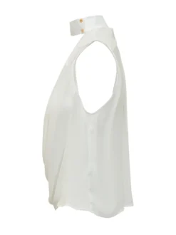 Sleeveless Blouse with Deep Neckline and Draped Detail