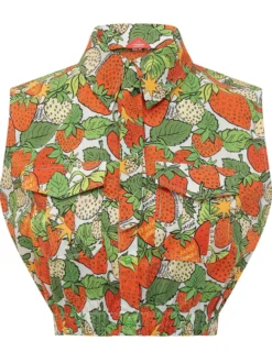 Sleeveless Cropped Strawberry Print Shirt
