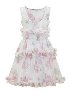 Sleeveless Dress with Floral Ruffles