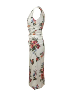 Sleeveless Dress with V-Neck Draped Bodice and Floral Pattern