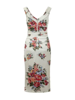 Sleeveless Dress with V-Neck Draped Bodice and Floral Pattern