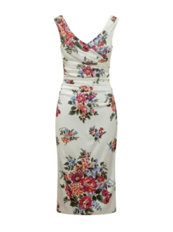 Sleeveless Dress with V-Neck Draped Bodice and Floral Pattern