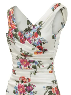 Sleeveless Dress with V-Neck Draped Bodice and Floral Pattern