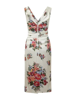 Sleeveless Dress with V-Neck Draped Bodice and Floral Pattern