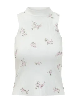 Sleeveless Floral Ribbed Top