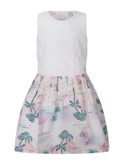 Sleeveless Mixed Fabric Dress with Tropical Print